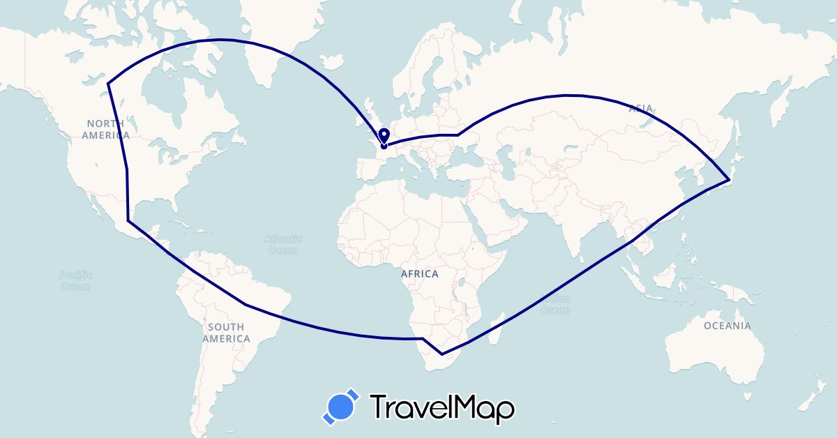 TravelMap itinerary: driving in Brazil, Canada, Colombia, Costa Rica, France, Japan, Madagascar, Mexico, Namibia, Thailand, Ukraine, United States, South Africa (Africa, Asia, Europe, North America, South America)